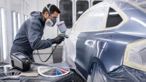 Auto body technician wearing a respirator mask spray-paints a blue car inside a spray booth, with color swatches on the table nearby.